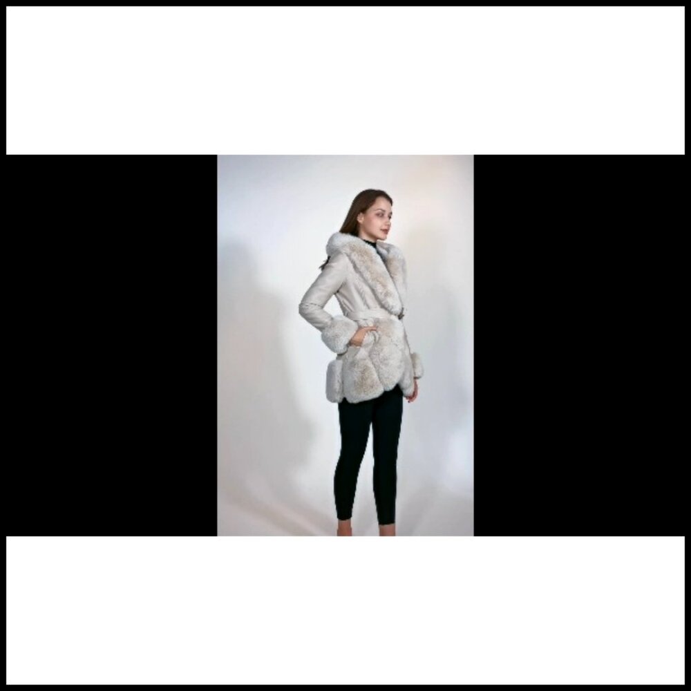 Faux Leather Coat with Faux Fur Collar Slim Fit Belted Mid Length Hooded Jacket - Picture 6 of 6